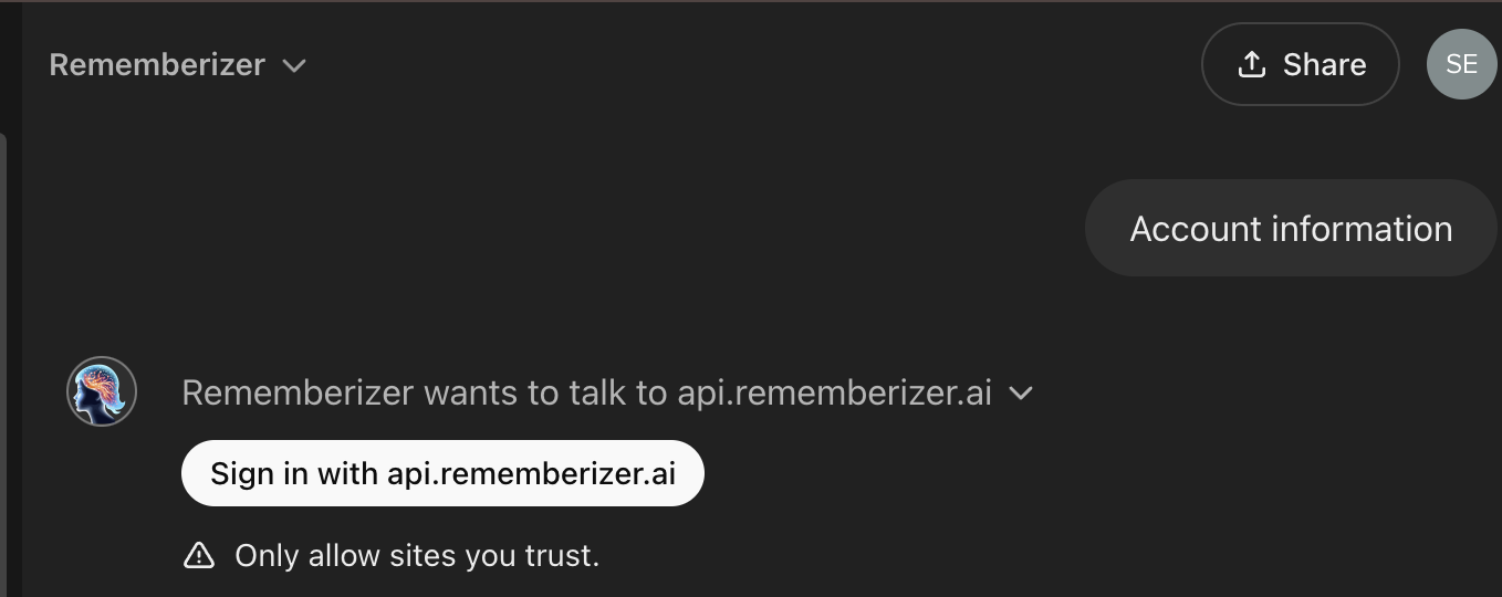 Solicitud de inicio de sesión de la aplicación Rememberizer GPT