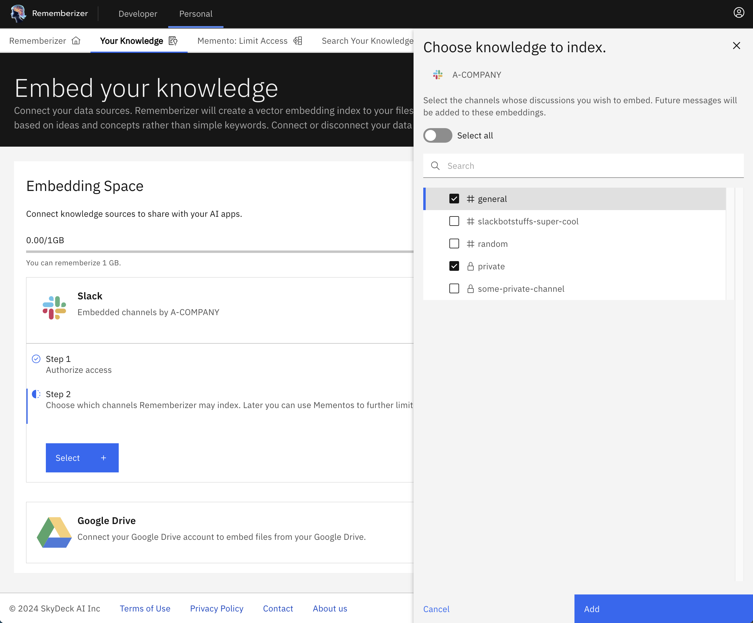 Seleccionar canales para ser incrustados como conocimiento