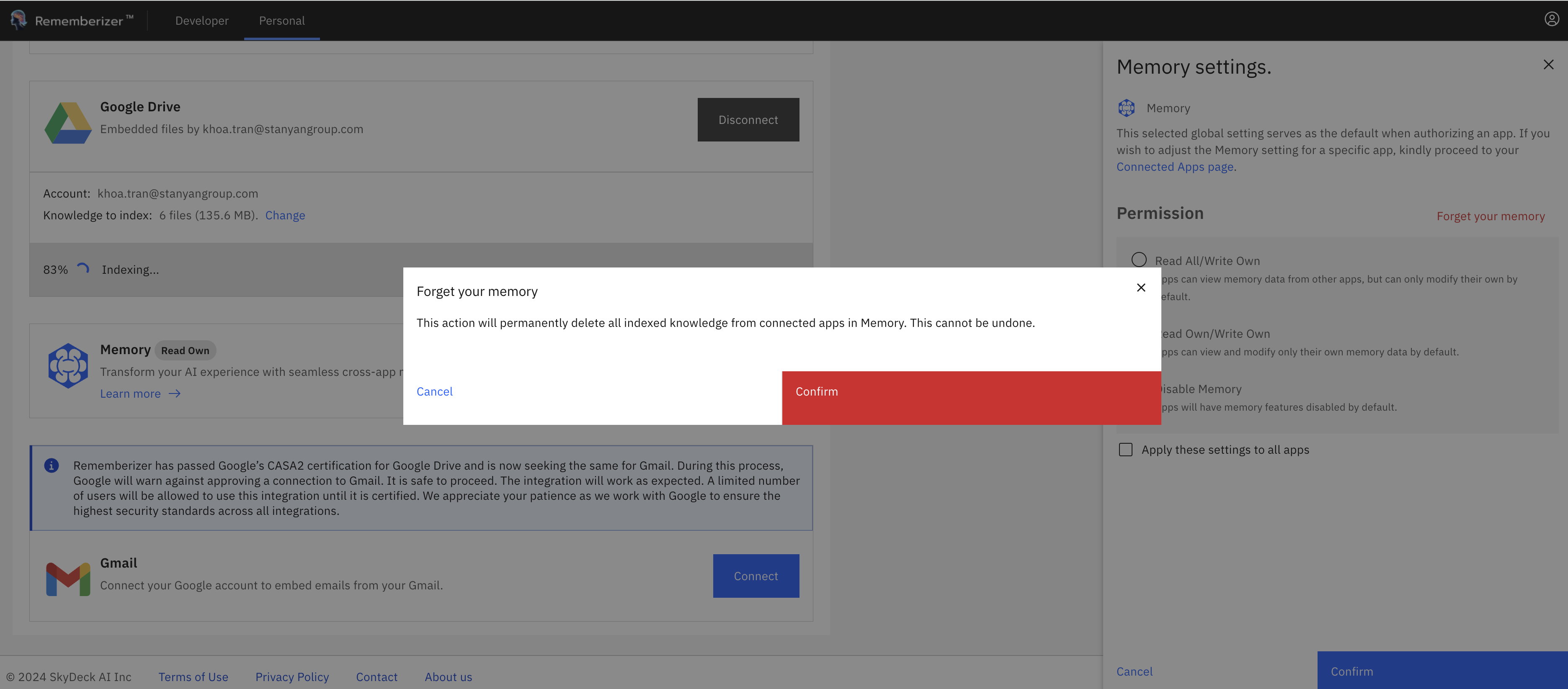 Modal de Confirmación al Olvidar Memoria