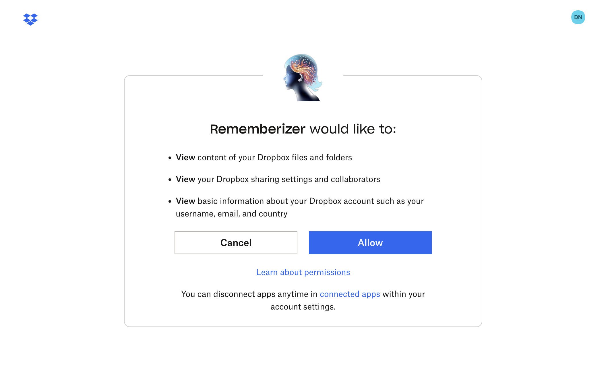 Pantalla de autorización de Dropbox OAuth