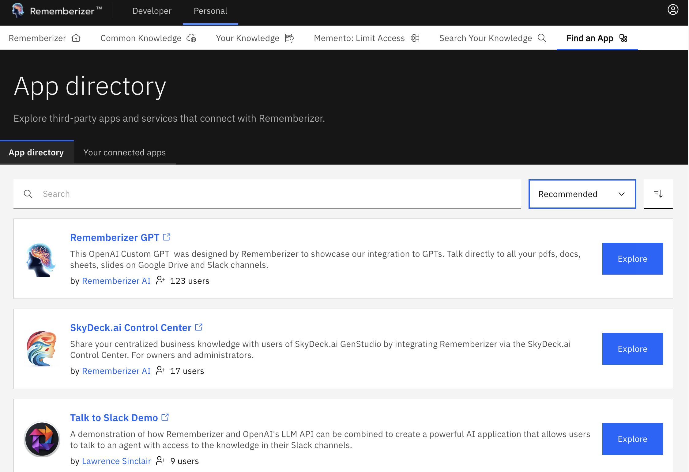 Página del directorio de aplicaciones