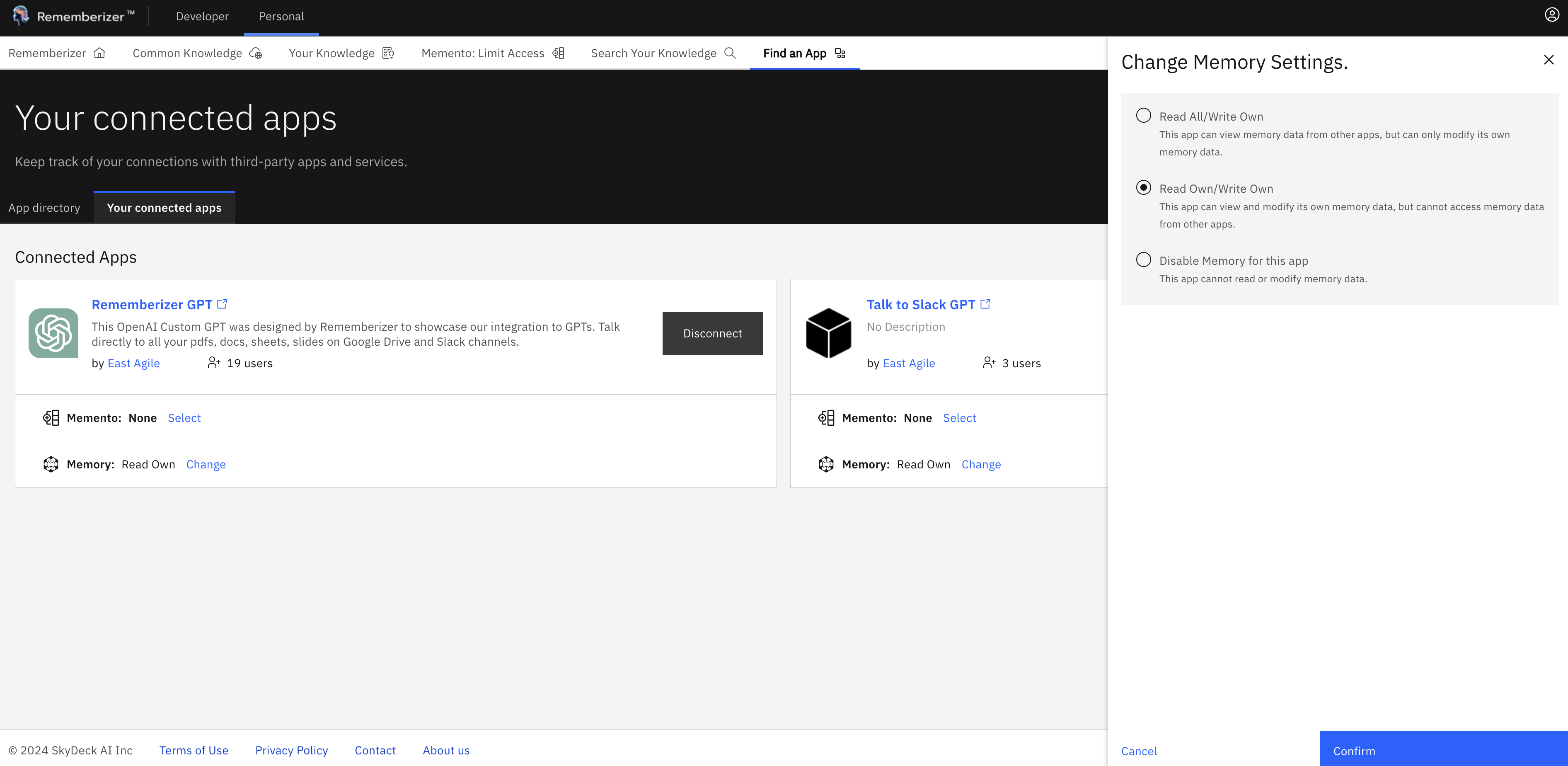 Config Memoria para cada Aplicación en la Página de Aplicaciones Conectadas